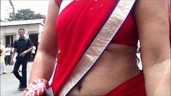 Red Saree Aunty Showing Deep Navel